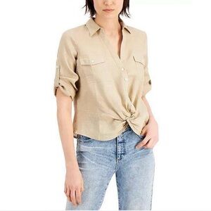 INC International Concepts M 100% Linen Button Down Tan Beige 3/4 Sleeves V Neck